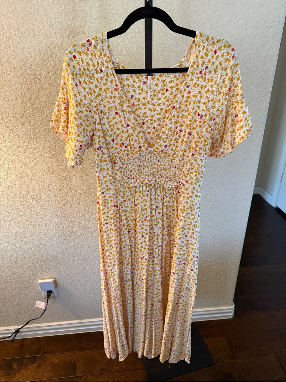 Free People Yellow Floral Midi Dress with Pink Accents